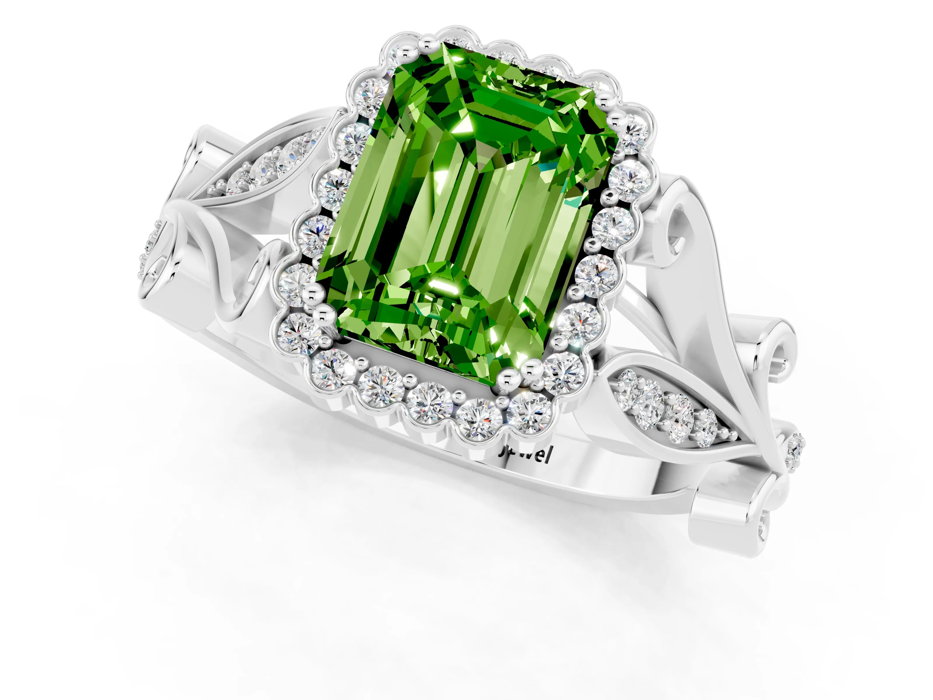 White gold Emerald Cut Peridot Halo Ring with Vintage Split Shank and Four-Prong Setting_25