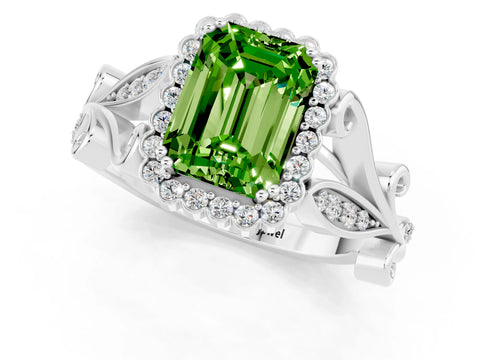 White gold Emerald Cut Peridot Halo Ring with Vintage Split Shank and Four-Prong Setting_25
