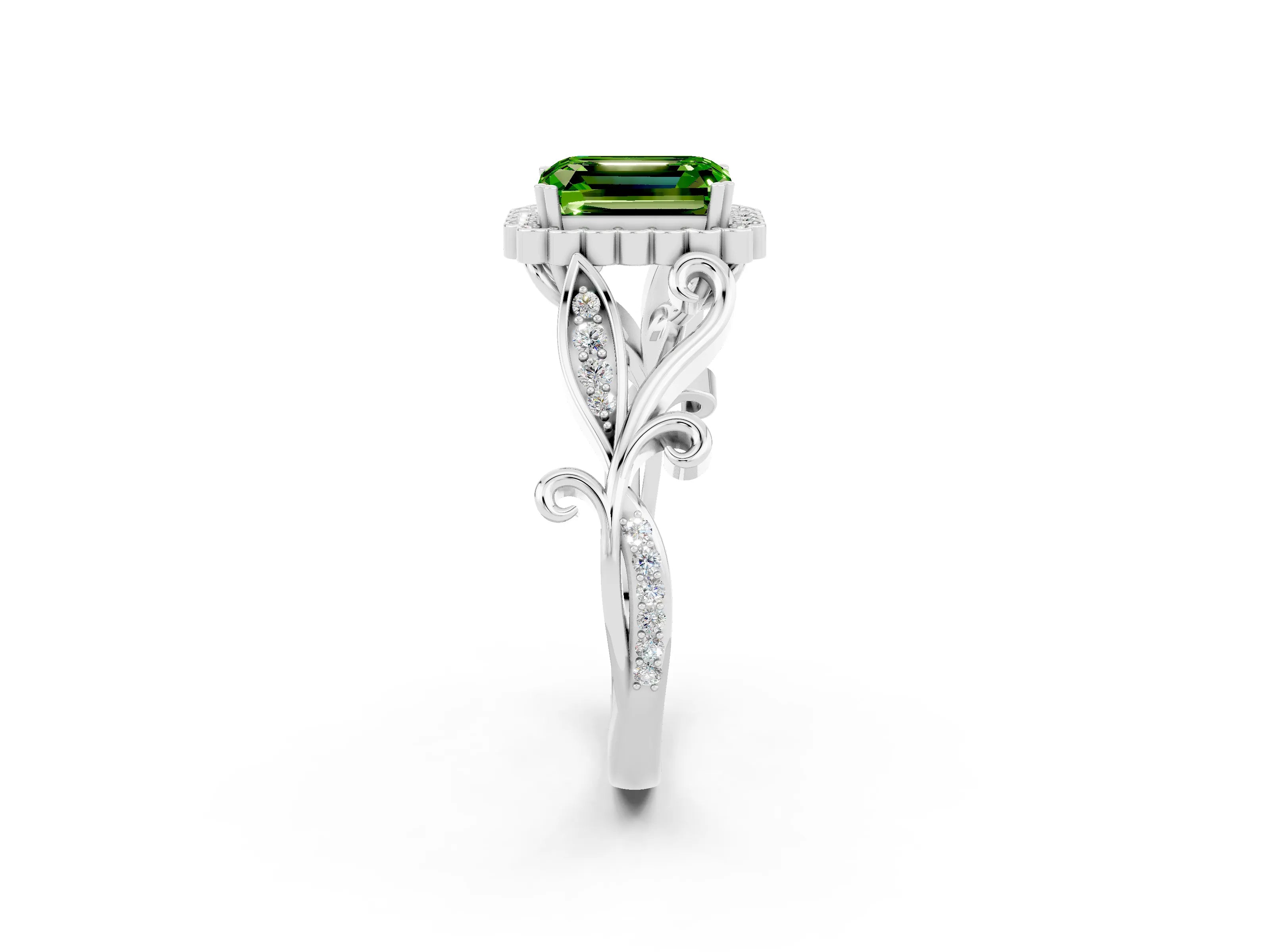 White gold Emerald Cut Peridot Halo Ring with Vintage Split Shank and Four-Prong Setting_26
