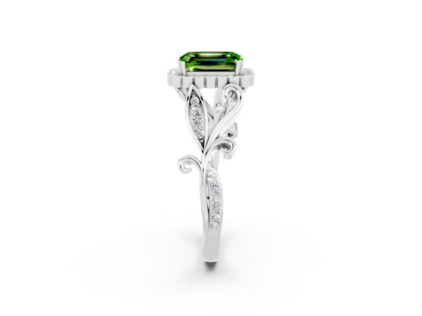 White gold Emerald Cut Peridot Halo Ring with Vintage Split Shank and Four-Prong Setting