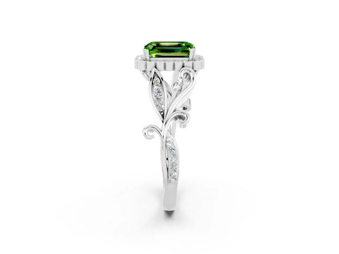 White gold Emerald Cut Peridot Halo Ring with Vintage Split Shank and Four-Prong Setting_26