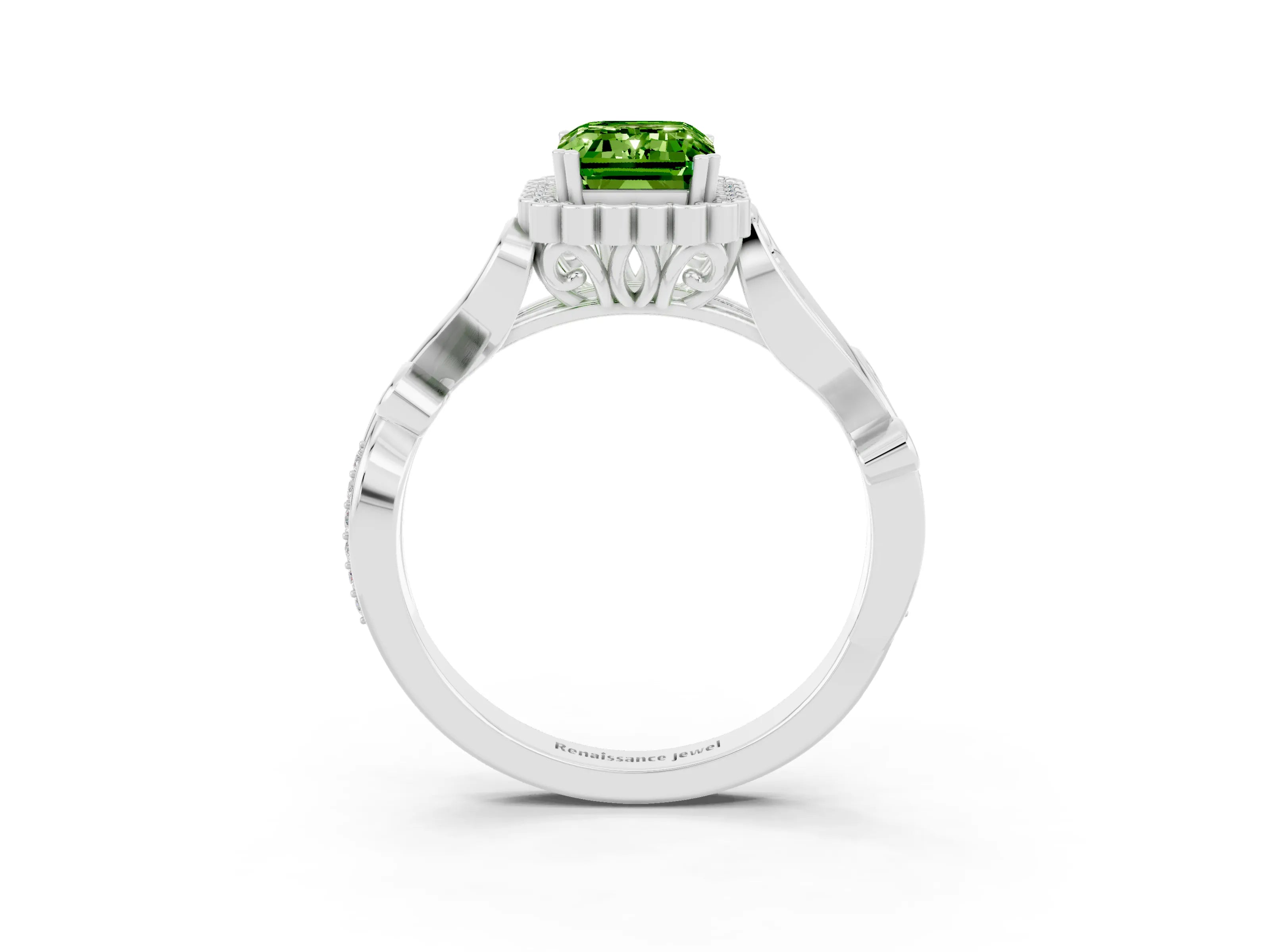 White gold Emerald Cut Peridot Halo Ring with Vintage Split Shank and Four-Prong Setting_27