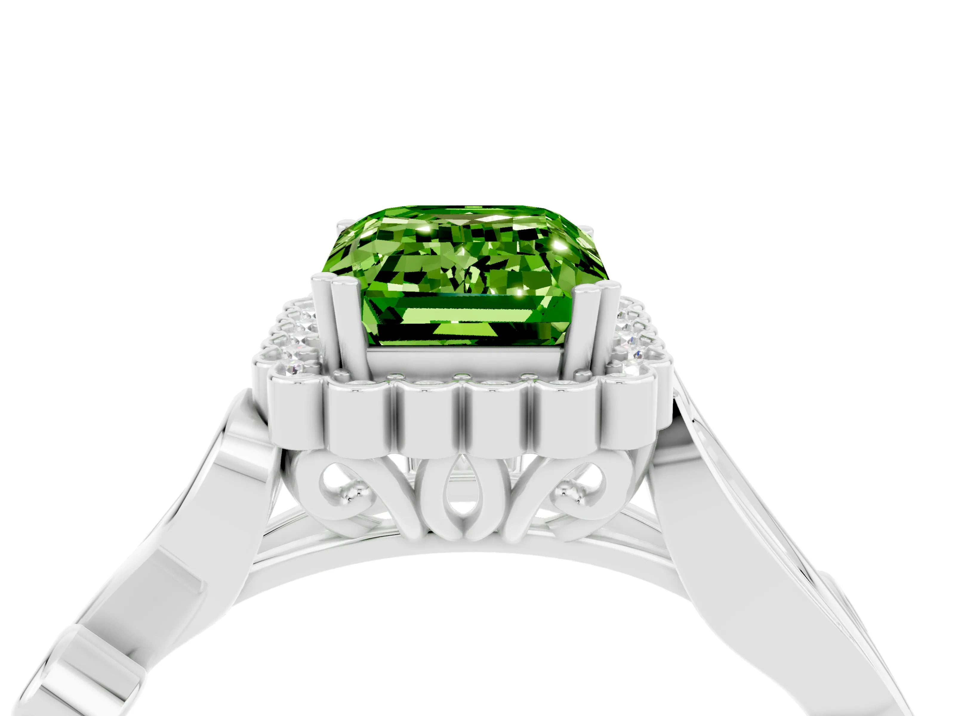 White gold Emerald Cut Peridot Halo Ring with Vintage Split Shank and Four-Prong Setting_28