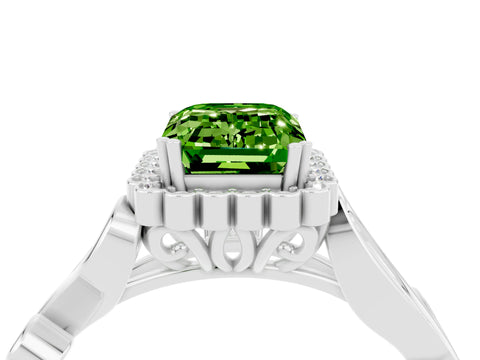 White gold Emerald Cut Peridot Halo Ring with Vintage Split Shank and Four-Prong Setting_28