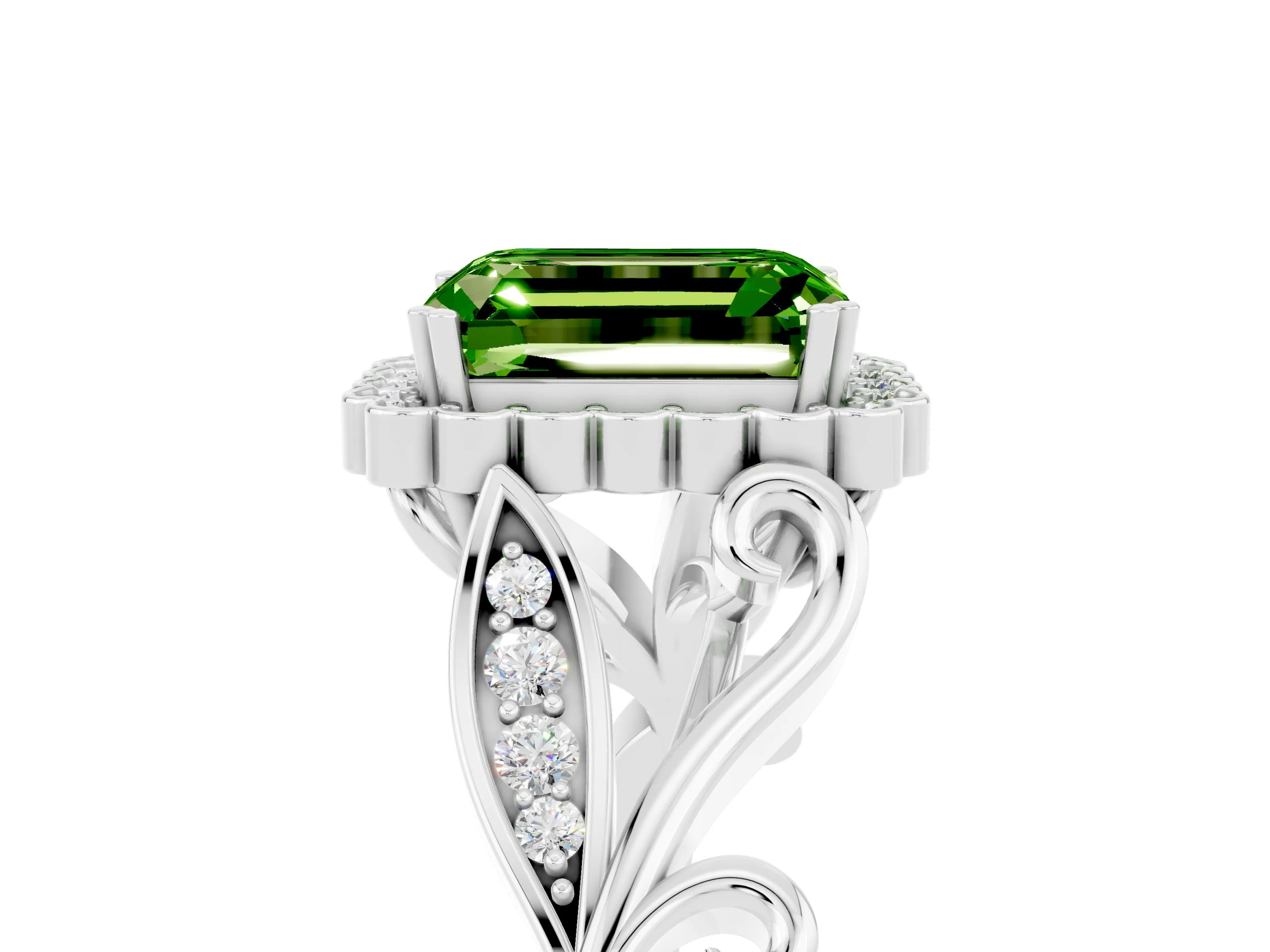 White gold Emerald Cut Peridot Halo Ring with Vintage Split Shank and Four-Prong Setting_29