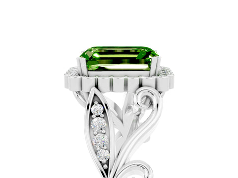 White gold Emerald Cut Peridot Halo Ring with Vintage Split Shank and Four-Prong Setting_29