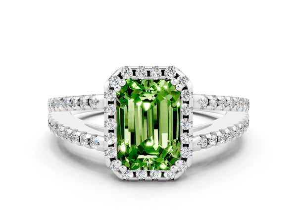 Platinum Emerald Cut Peridot Halo Split Shank Engagement Ring