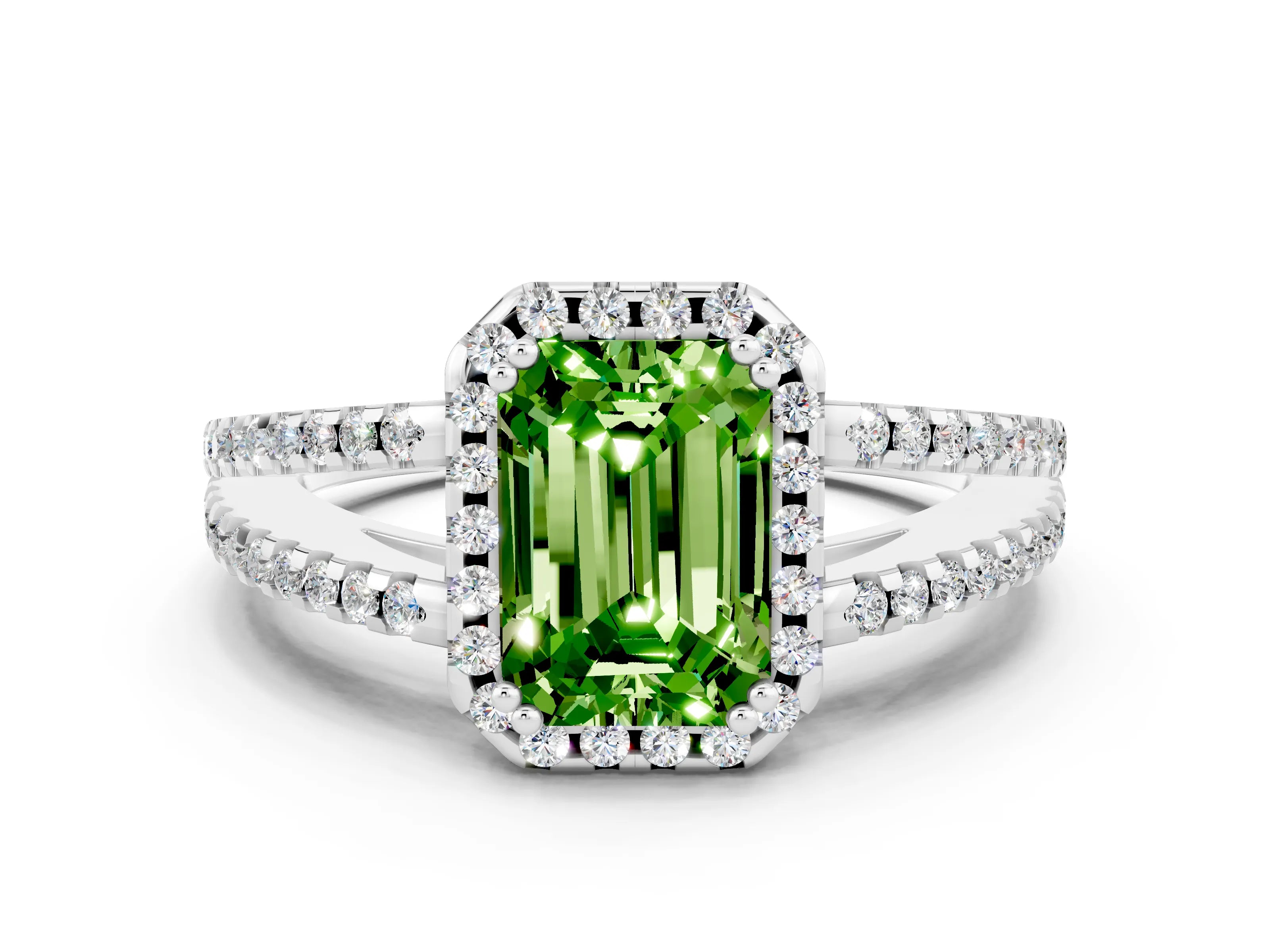 White gold Emerald Cut Peridot Halo Split Shank Engagement Ring_12