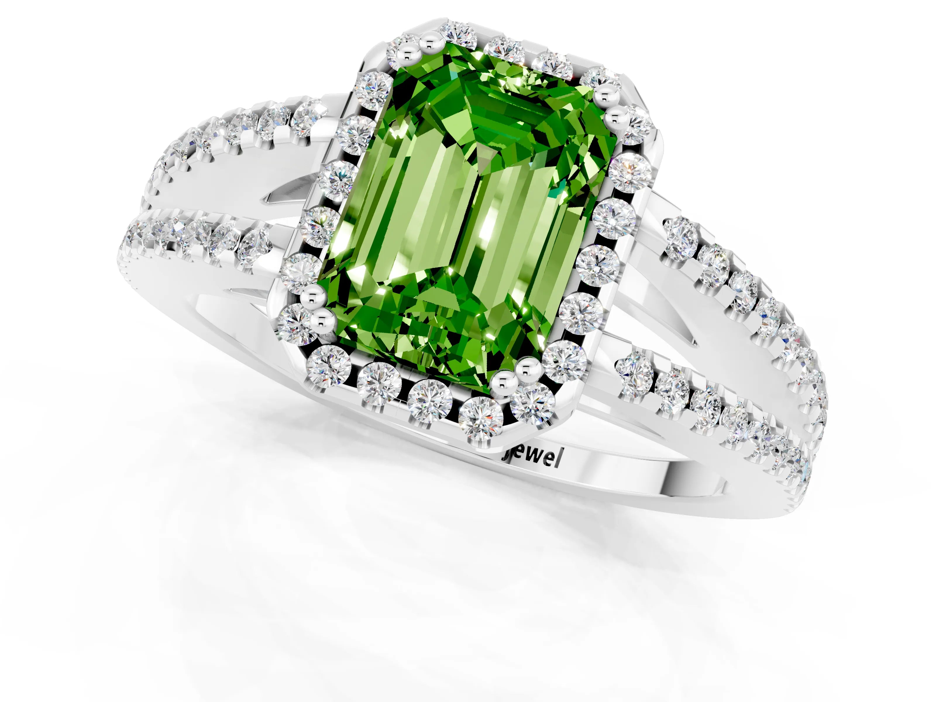 White gold Emerald Cut Peridot Halo Split Shank Engagement Ring_13