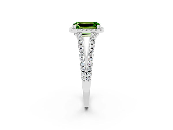 Silver Emerald Cut Peridot Halo Split Shank Engagement Ring