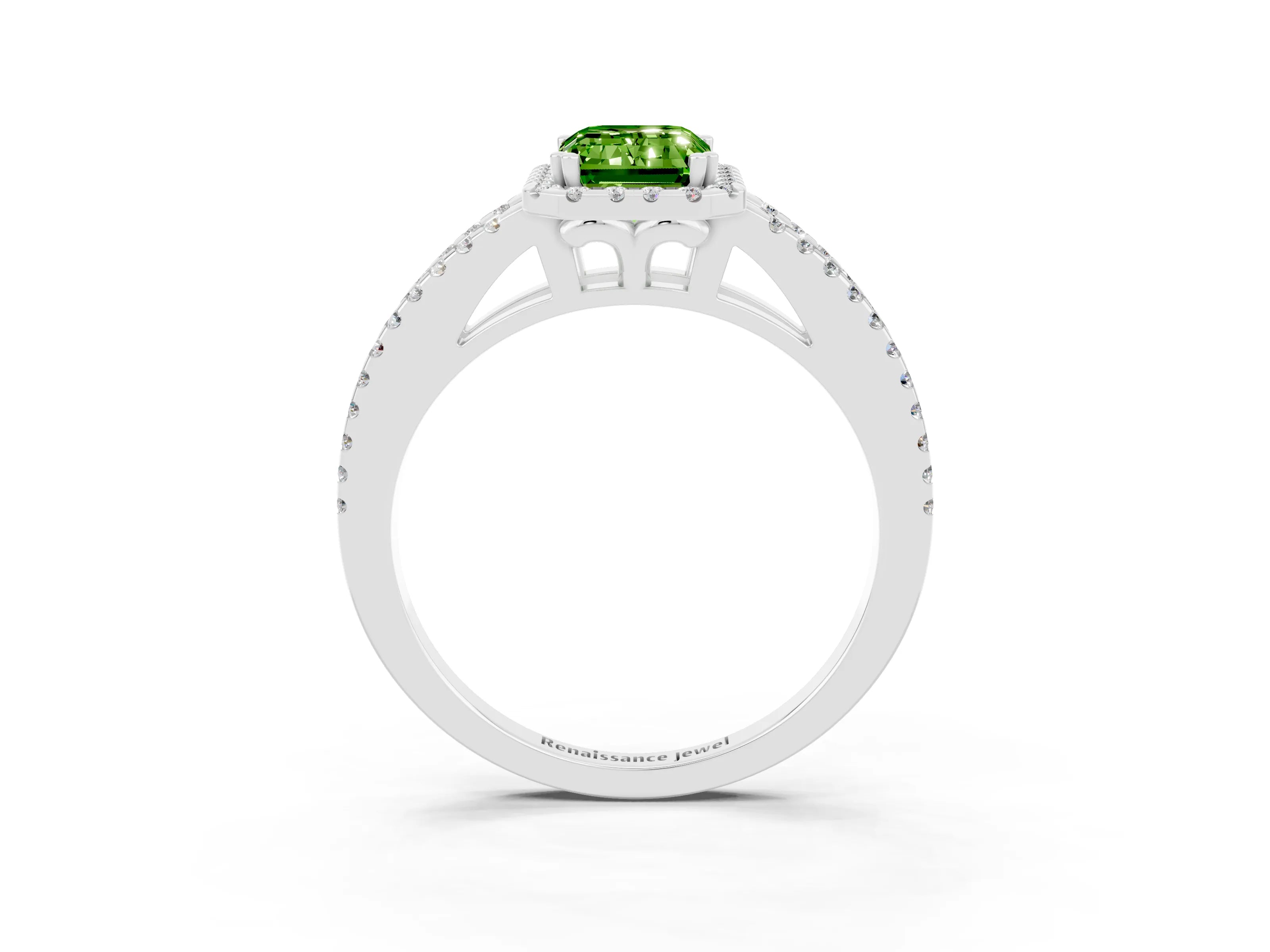 White gold Emerald Cut Peridot Halo Split Shank Engagement Ring_15