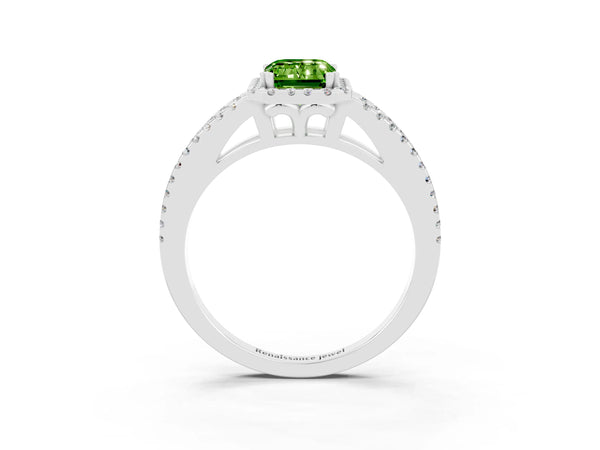 White gold Emerald Cut Peridot Halo Split Shank Engagement Ring