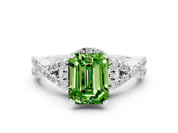 White gold Emerald Cut Peridot  Halo Twist Band Solitaire Prong Setting Ring