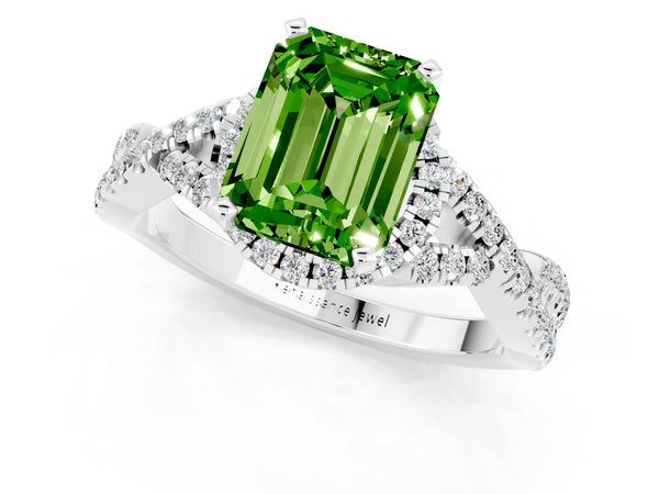 White gold Emerald Cut Peridot  Halo Twist Band Solitaire Prong Setting Ring