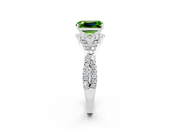 White gold Emerald Cut Peridot  Halo Twist Band Solitaire Prong Setting Ring