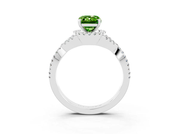 White gold Emerald Cut Peridot  Halo Twist Band Solitaire Prong Setting Ring