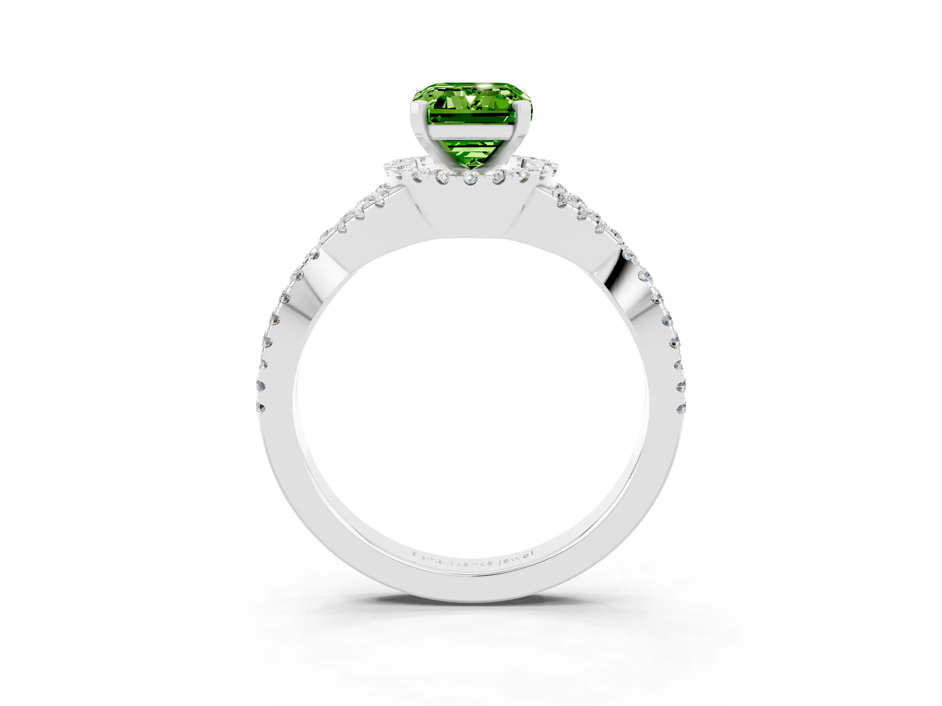 White gold Emerald Cut Peridot Halo Twist Band Solitaire Prong Setting Ring_3