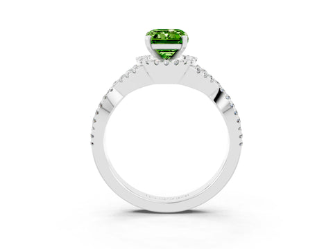 White gold Emerald Cut Peridot Halo Twist Band Solitaire Prong Setting Ring_3