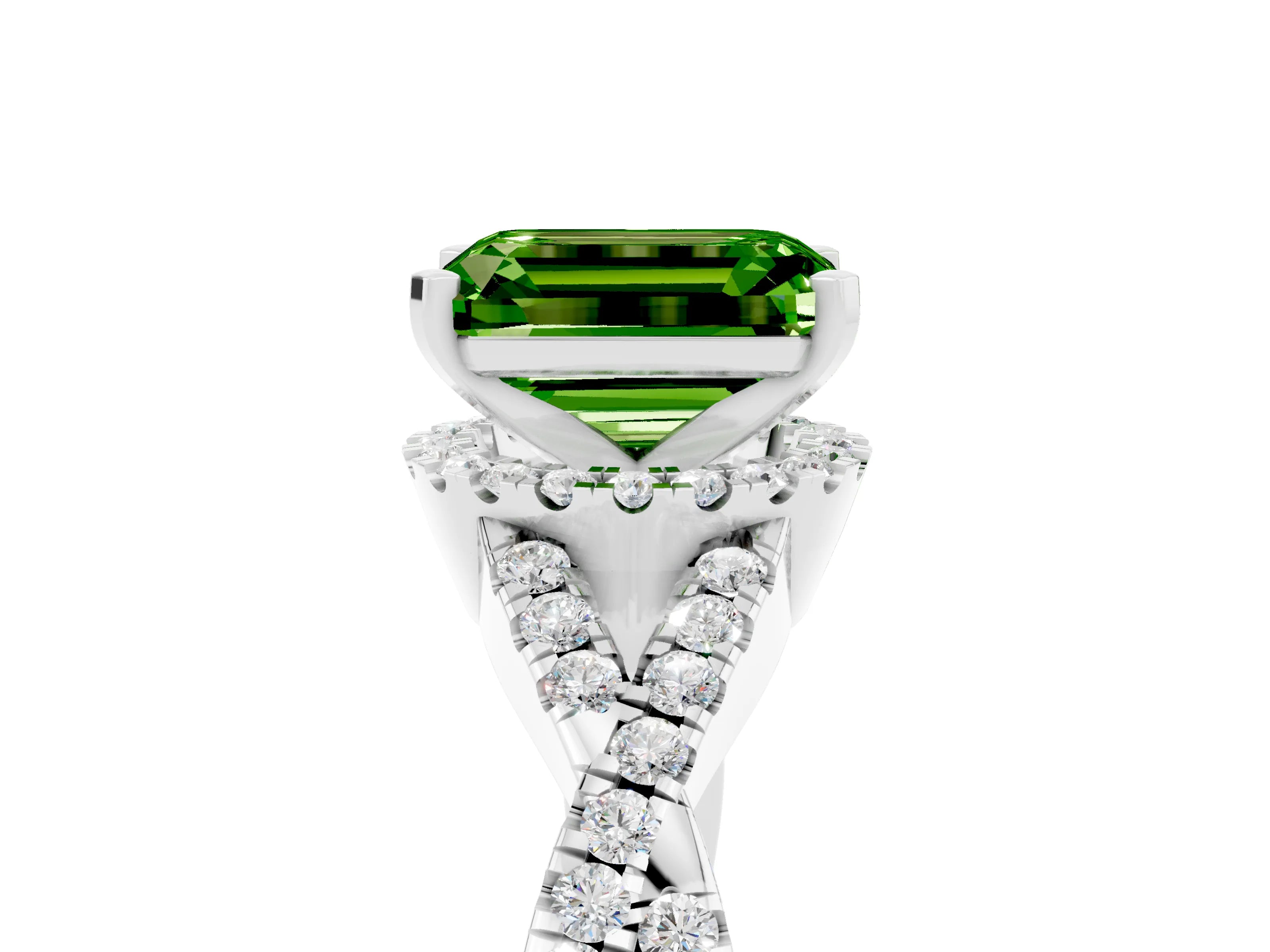White gold Emerald Cut Peridot Halo Twist Band Solitaire Prong Setting Ring_5