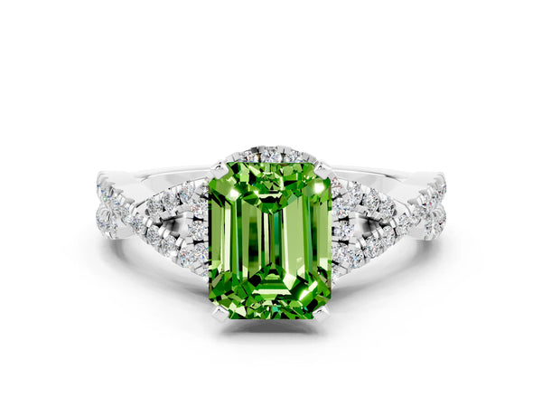 White gold Emerald Cut Peridot  Halo Twist Band Solitaire Prong Setting Ring