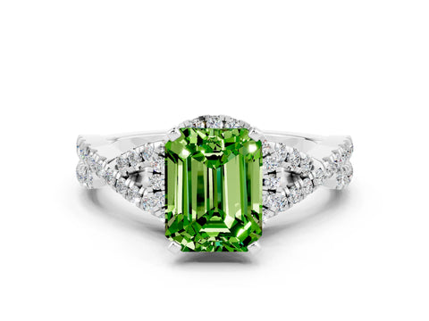 White gold Emerald Cut Peridot Halo Twist Band Solitaire Prong Setting Ring