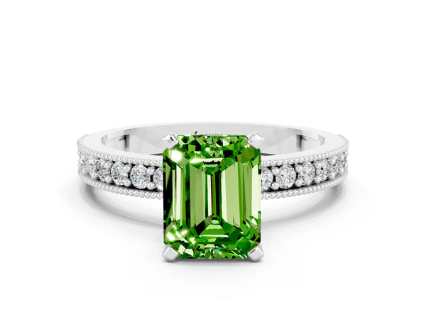 White gold Emerald Cut Peridot Milgrain Pavé Engagement Ring with Four-Prong Setting