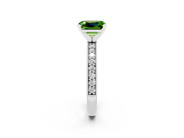 Silver Emerald Cut Peridot Milgrain Pavé Engagement Ring with Four-Prong Setting