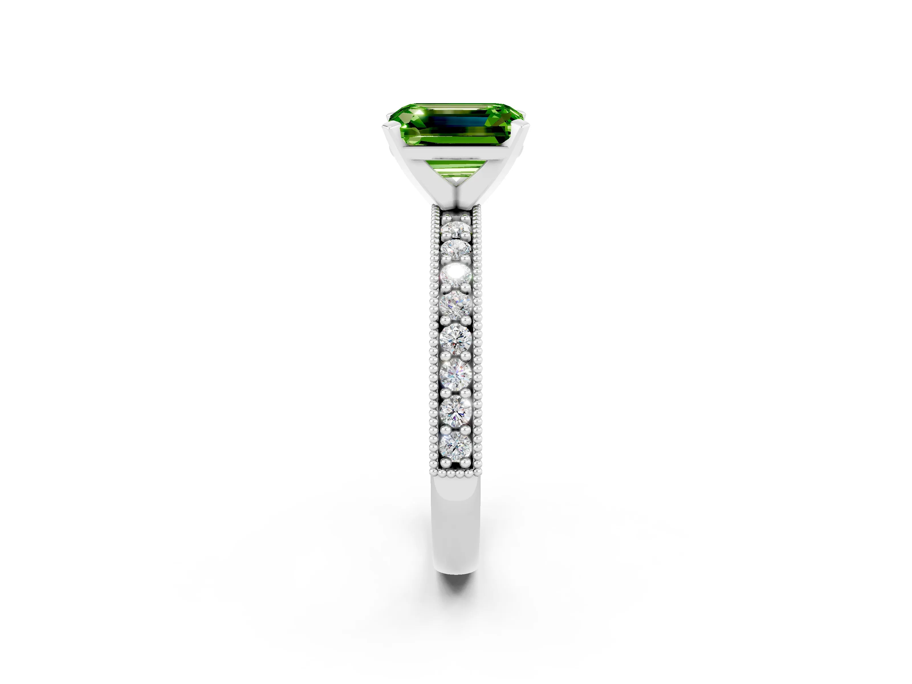 White gold Emerald Cut Peridot Milgrain Pavé Engagement Ring with Four-Prong Setting_14