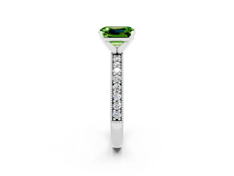 White gold Emerald Cut Peridot Milgrain Pavé Engagement Ring with Four-Prong Setting_14