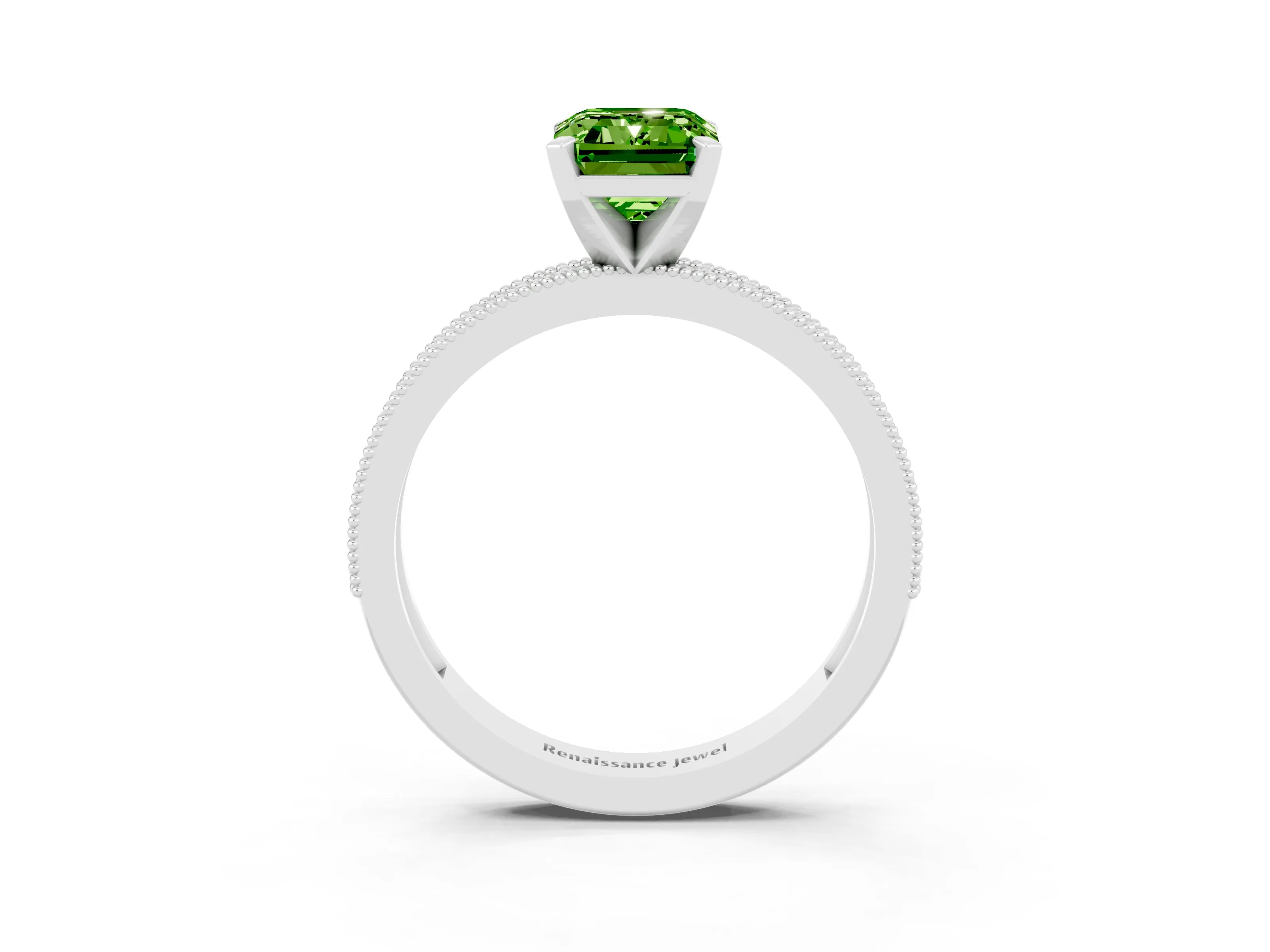 White gold Emerald Cut Peridot Milgrain Pavé Engagement Ring with Four-Prong Setting_15