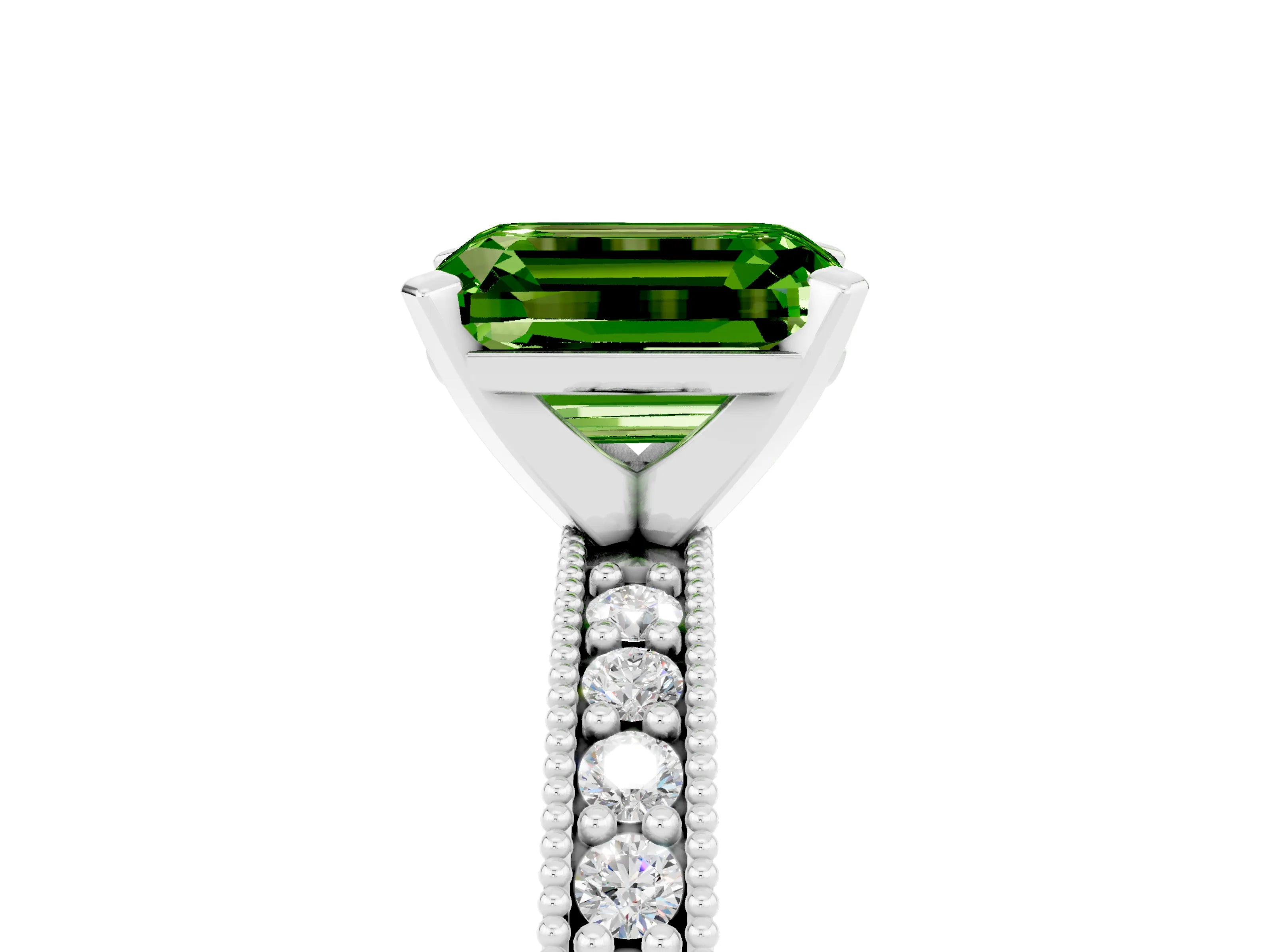 White gold Emerald Cut Peridot Milgrain Pavé Engagement Ring with Four-Prong Setting_17