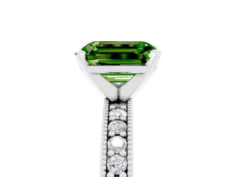 White gold Emerald Cut Peridot Milgrain Pavé Engagement Ring with Four-Prong Setting_17