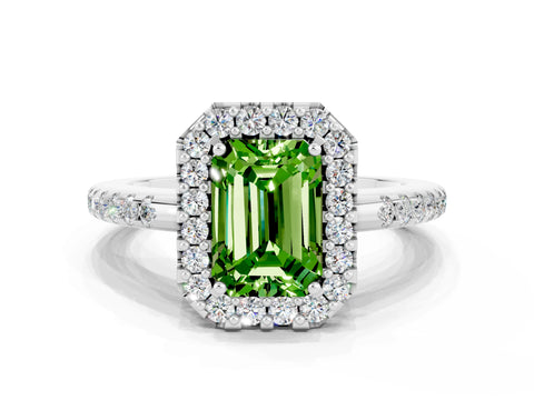 White gold Emerald Cut Peridot Pavé Halo Ring with Four-Prong Setting_12