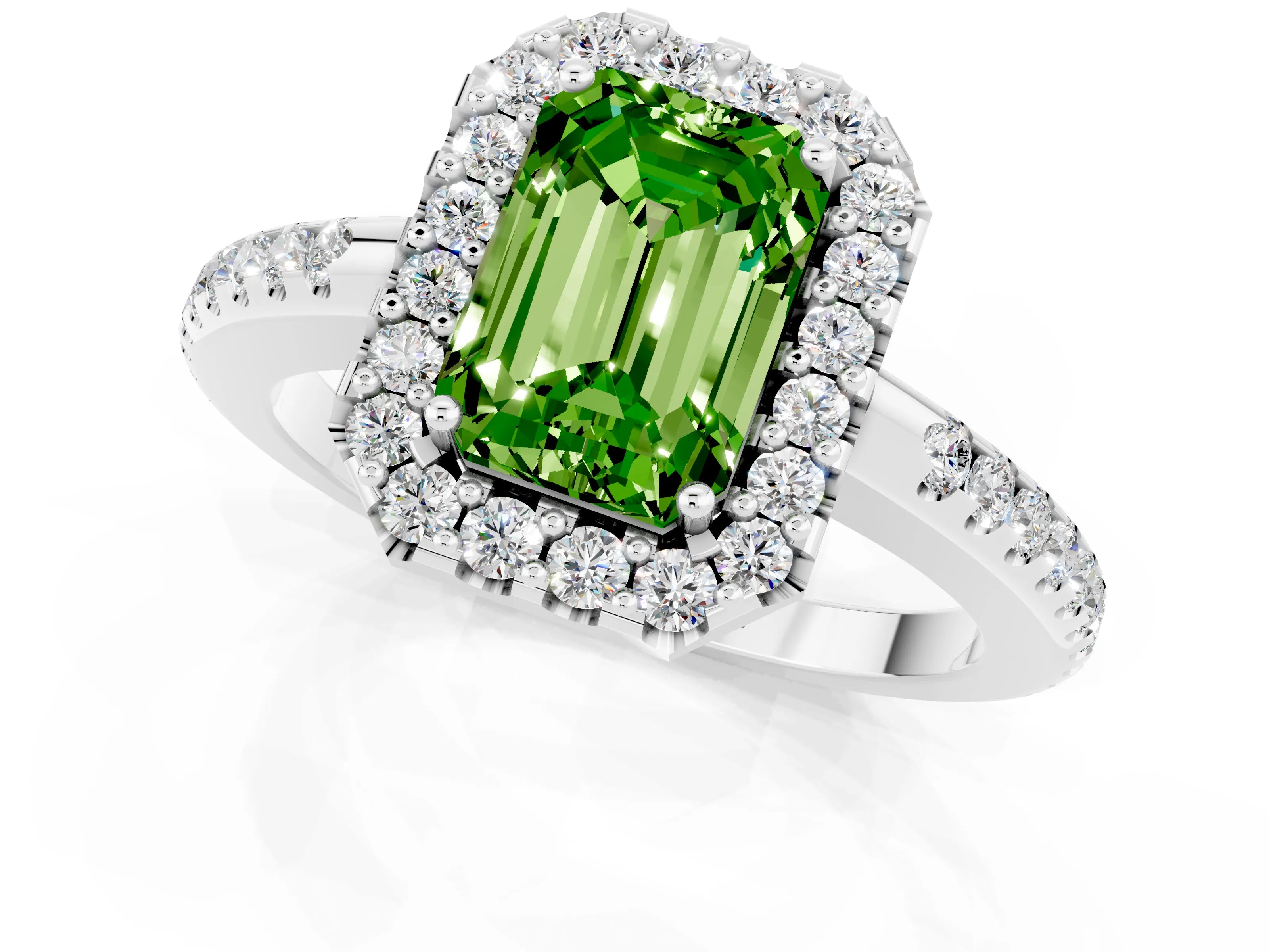 White gold Emerald Cut Peridot Pavé Halo Ring with Four-Prong Setting_13