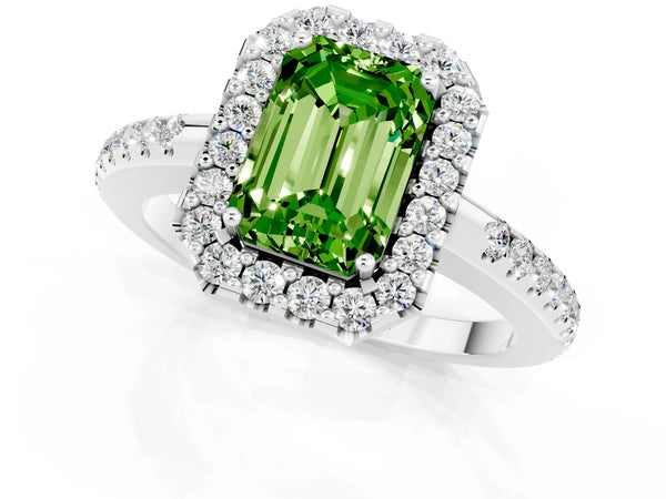 White gold Emerald Cut Peridot Pavé Halo Ring with Four-Prong Setting