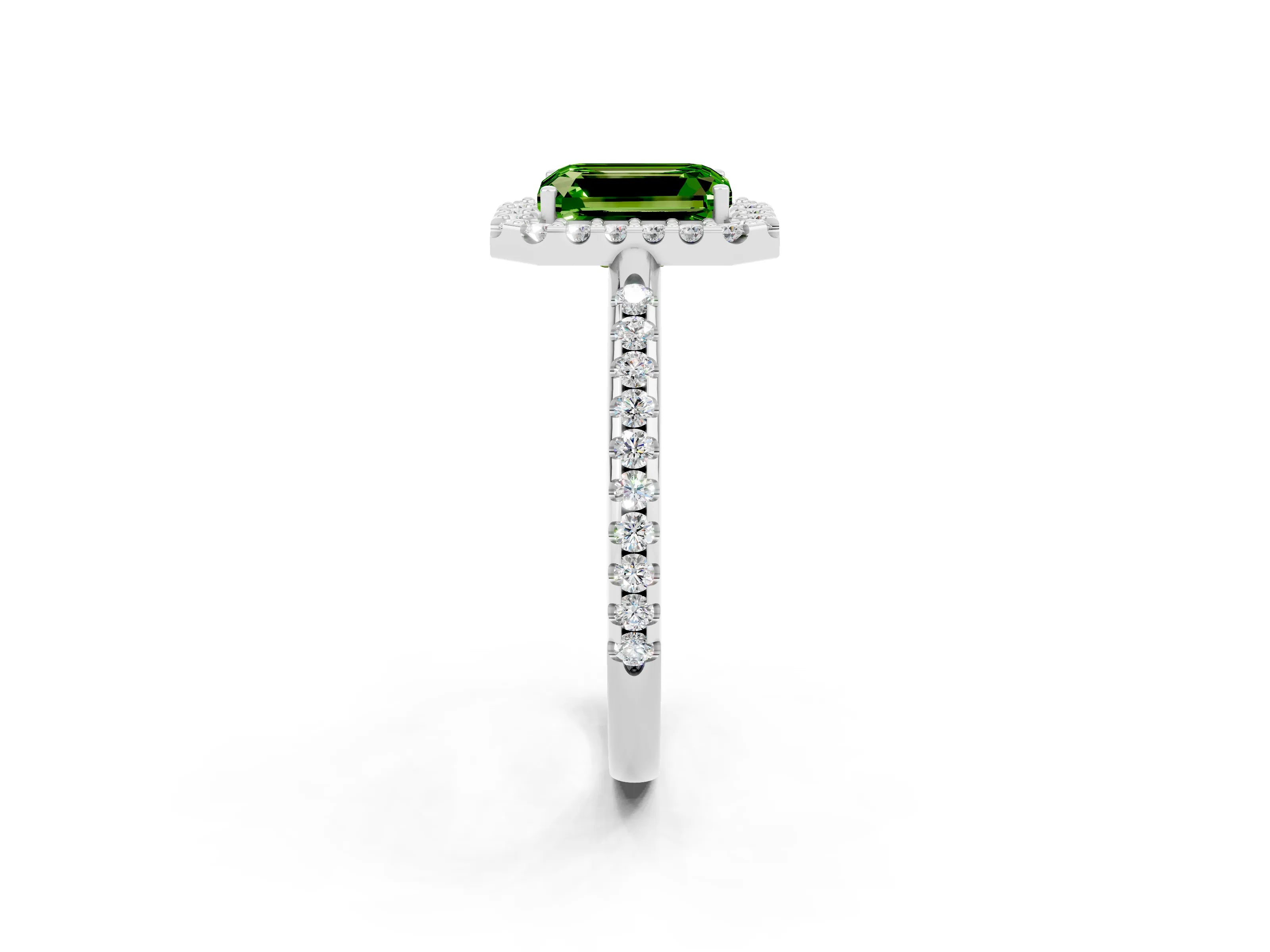 White gold Emerald Cut Peridot Pavé Halo Ring with Four-Prong Setting_14