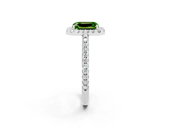 White gold Emerald Cut Peridot Pavé Halo Ring with Four-Prong Setting