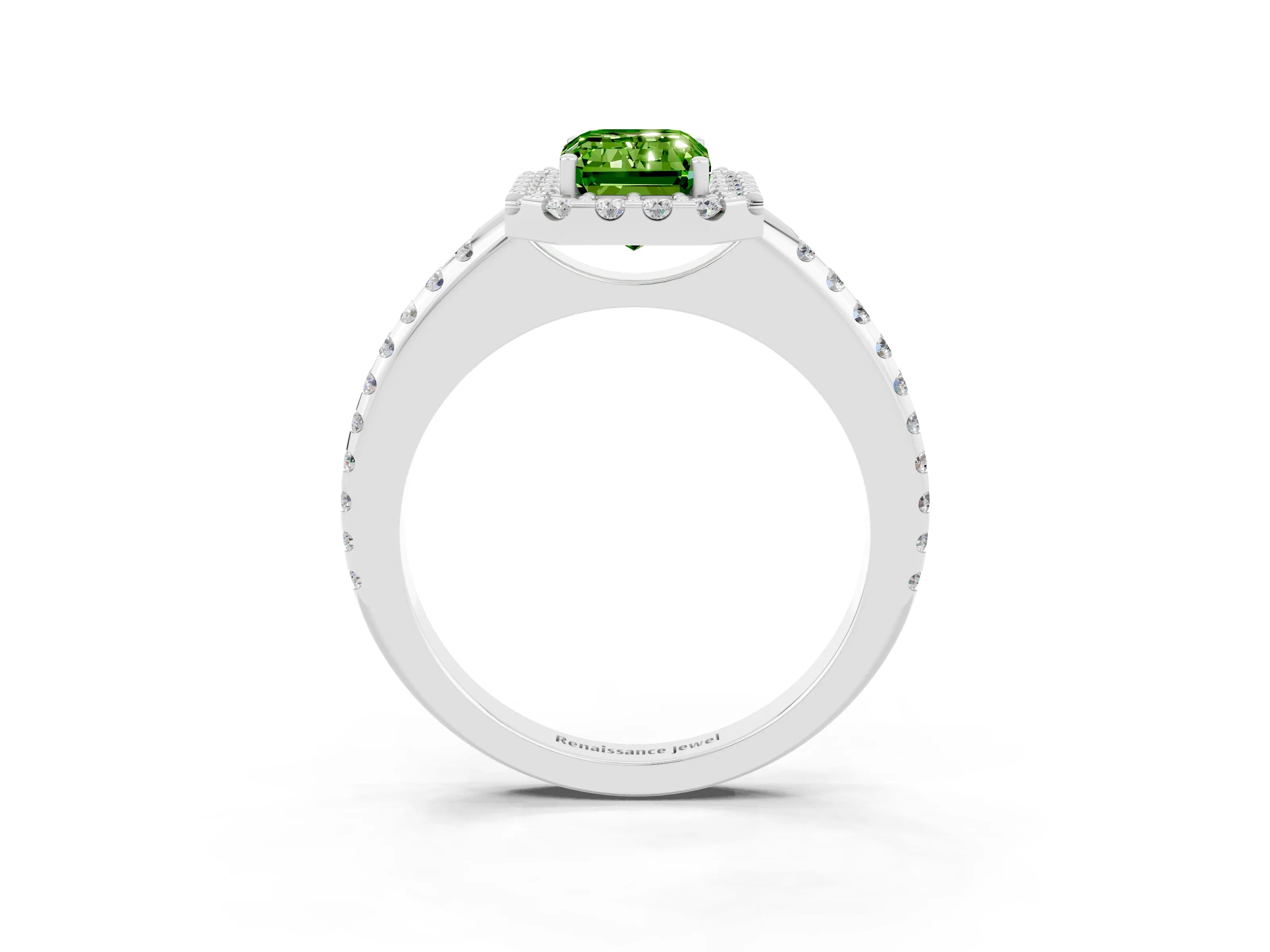 White gold Emerald Cut Peridot Pavé Halo Ring with Four-Prong Setting_15
