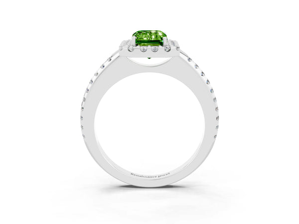 Platinum Emerald Cut Peridot Pavé Halo Ring with Four-Prong Setting