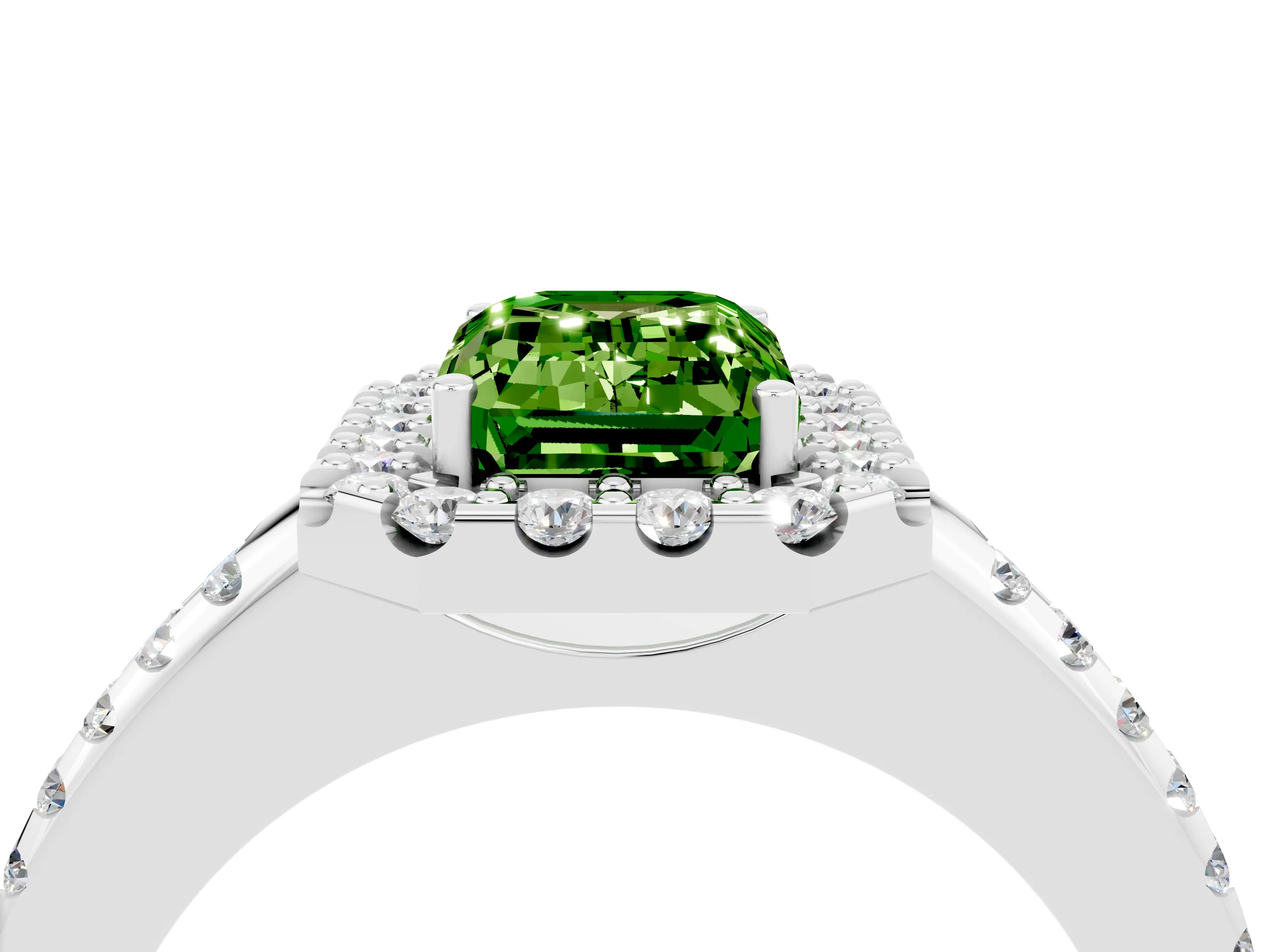 White gold Emerald Cut Peridot Pavé Halo Ring with Four-Prong Setting_16
