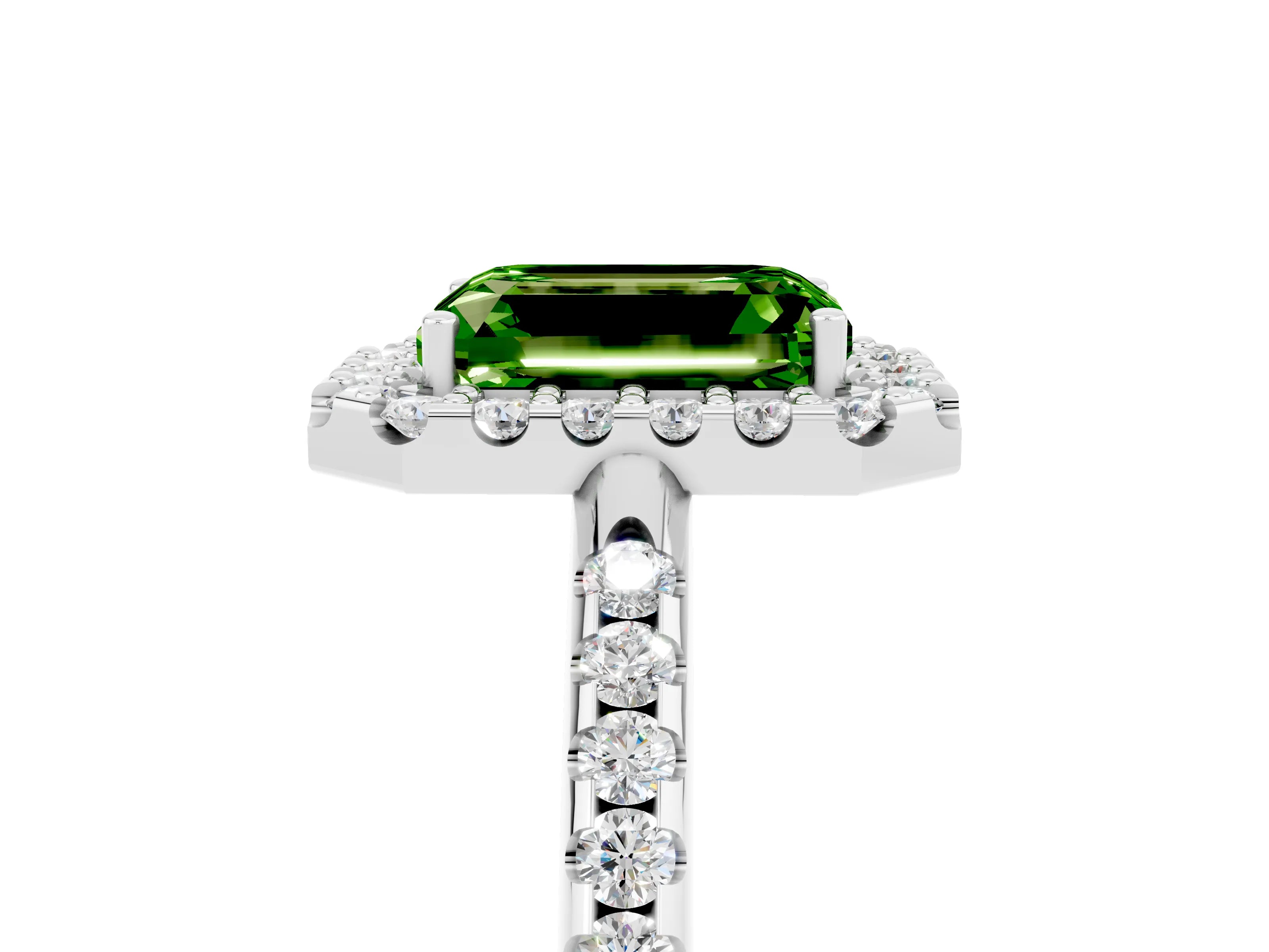 White gold Emerald Cut Peridot Pavé Halo Ring with Four-Prong Setting_17