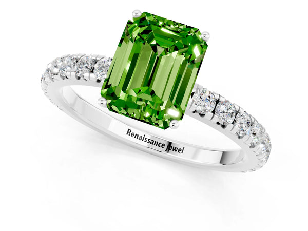 Platinum Emerald Cut Peridot Pavé Solitaire Engagement Ring with Four-Prong Setting