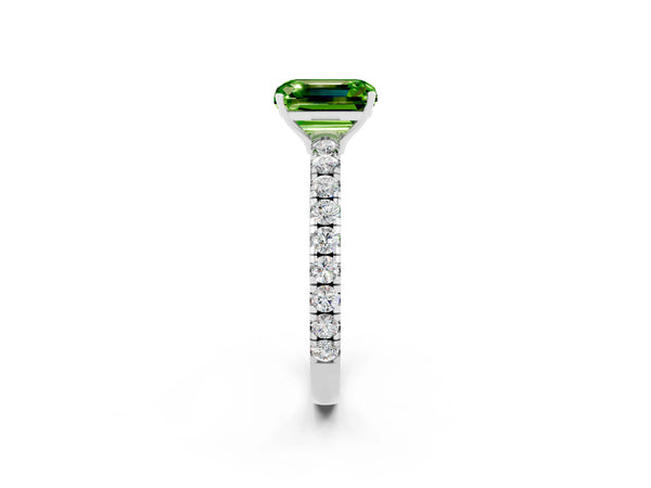 White gold Emerald Cut Peridot Pavé Solitaire Engagement Ring with Four-Prong Setting