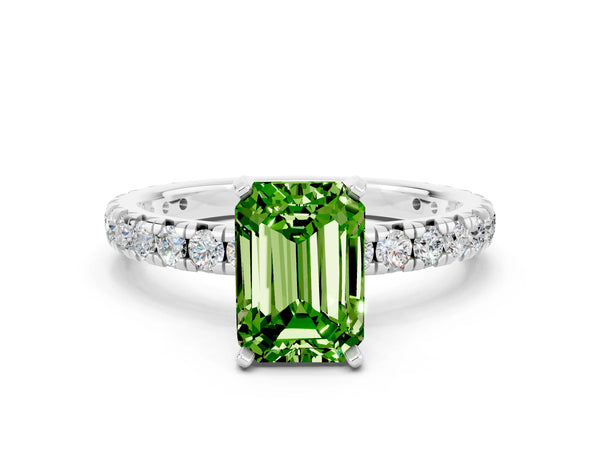 Platinum Emerald Cut Peridot Pavé Solitaire Ring with Round Band and Prong Setting