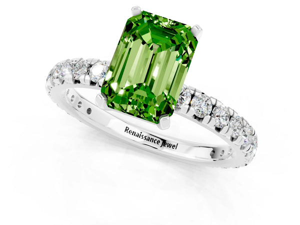 Platinum Emerald Cut Peridot Pavé Solitaire Ring with Round Band and Prong Setting