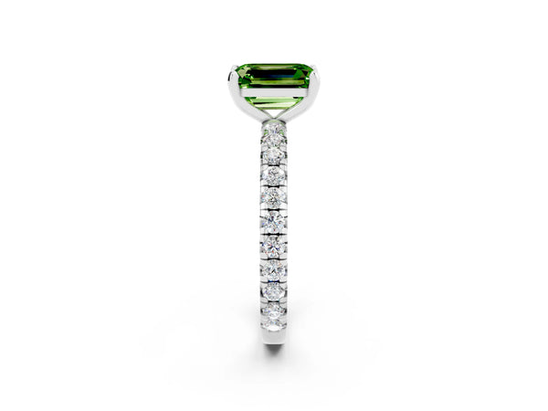 Platinum Emerald Cut Peridot Pavé Solitaire Ring with Round Band and Prong Setting