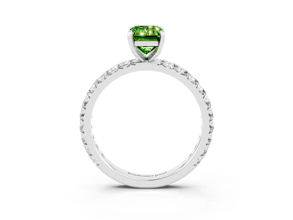 Platinum Emerald Cut Peridot Pavé Solitaire Ring with Round Band and Prong Setting