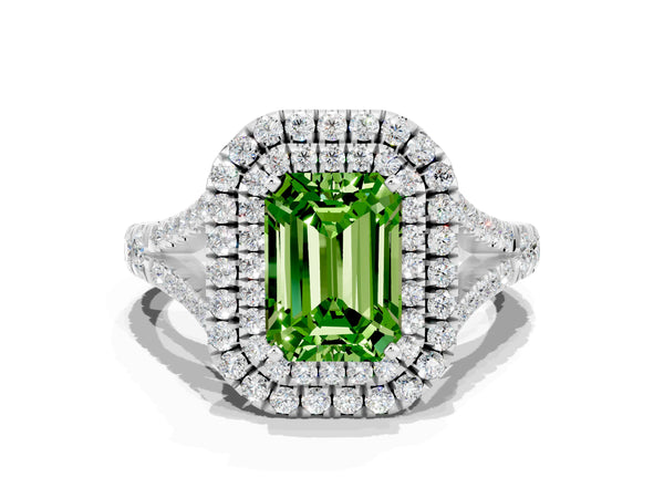 Platinum Emerald Cut Peridot Pavé Split Shank Double Halo Engagement Ring