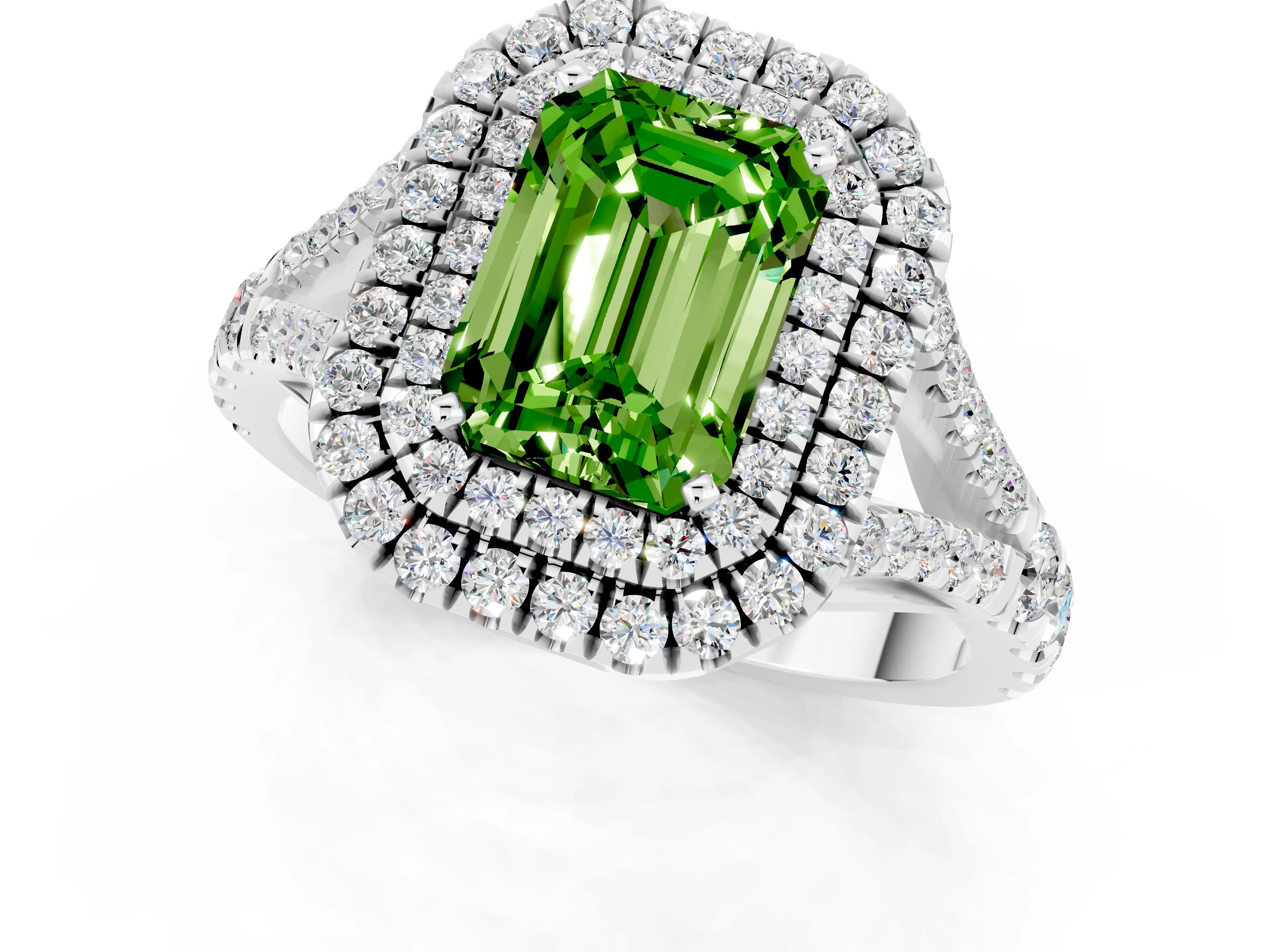 White gold Emerald Cut Peridot Pavé Split Shank Double Halo Engagement Ring_1