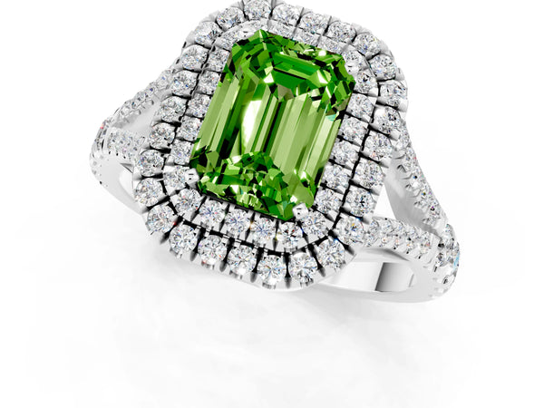 Platinum Emerald Cut Peridot Pavé Split Shank Double Halo Engagement Ring
